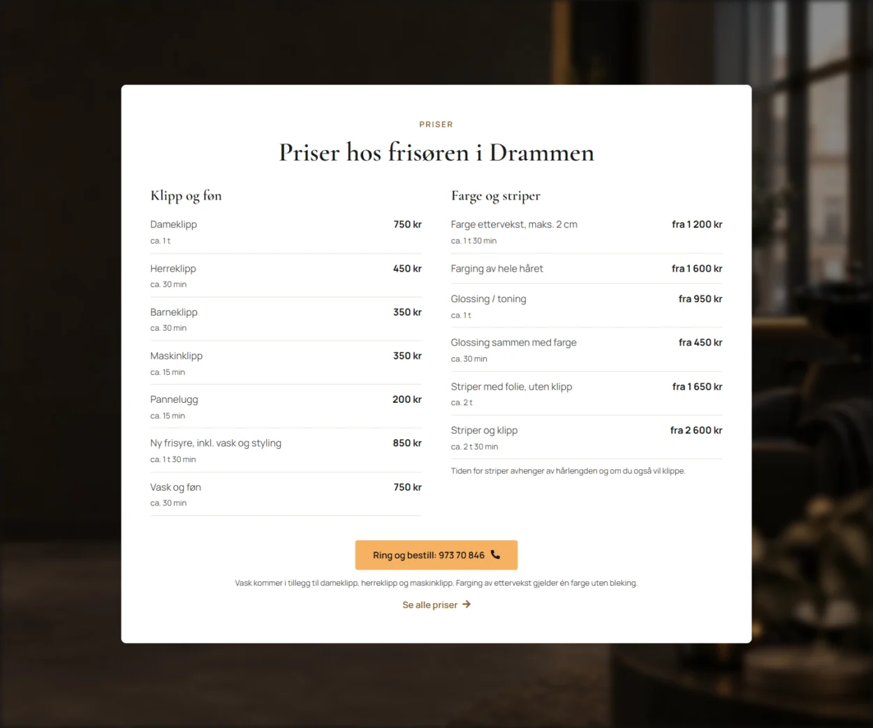 Página de servicios de peluquería de Salong Eureka: precios y duración