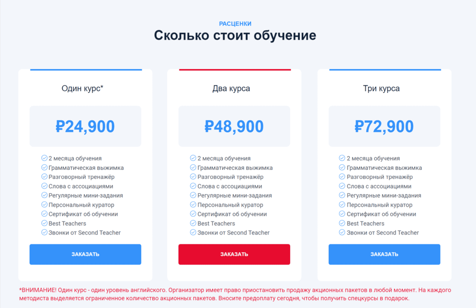 Course pricing table on the English Tochka website