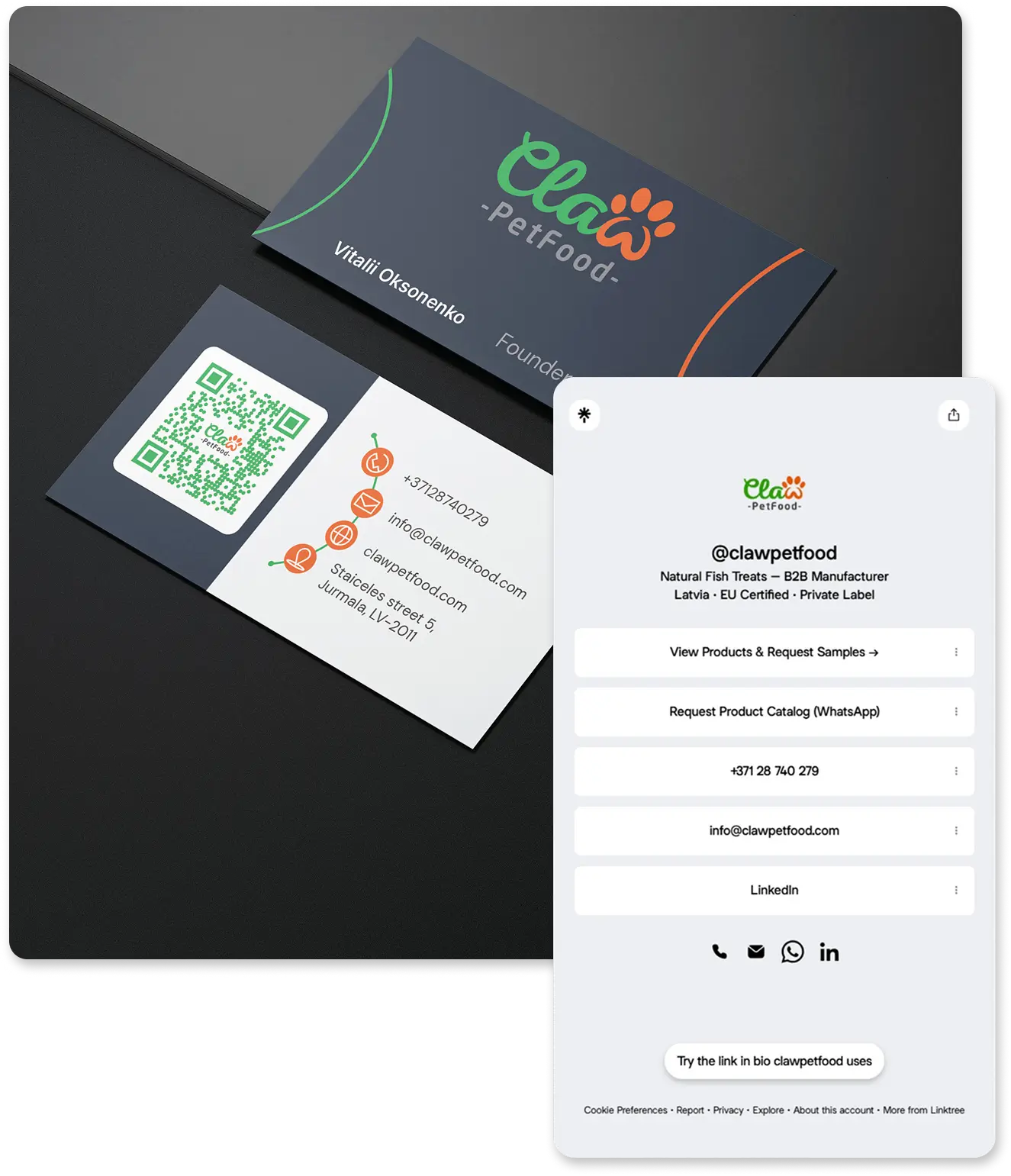 Collage de la tarjeta de presentación y la página de Linktree – diseño de SiteCraft Web Studio